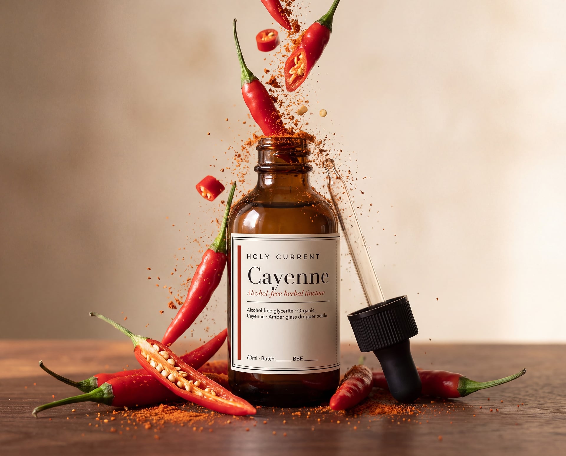 Cayenne tincture with whole chillies pouring out of the open bottle